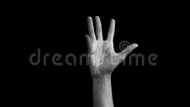 一只人类的双手向上移动，他的所有手指依次转动，做手部疼痛，揭示运动孤立。